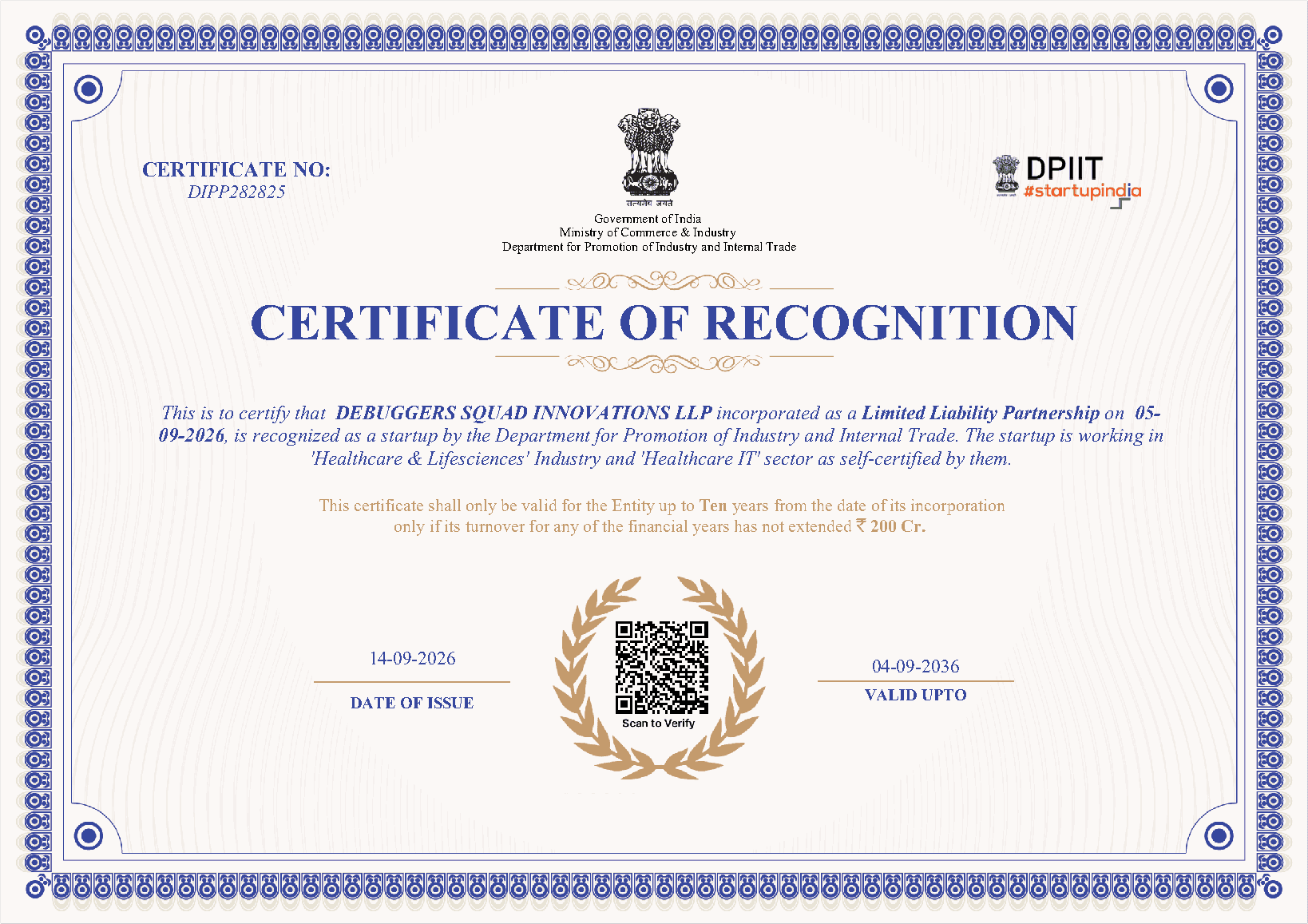 DPIIT Certificate of Recognition DIPP282825 for Debuggers Squad Innovations LLP, issued September 14, 2026
