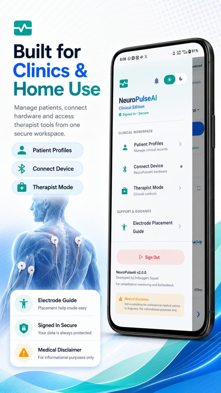 NeuroPulseAI clinical workspace and home use app screen