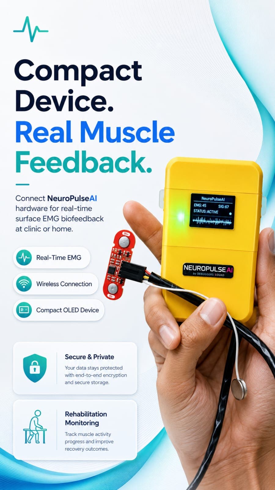 NeuroPulseAI compact device real muscle feedback overview
