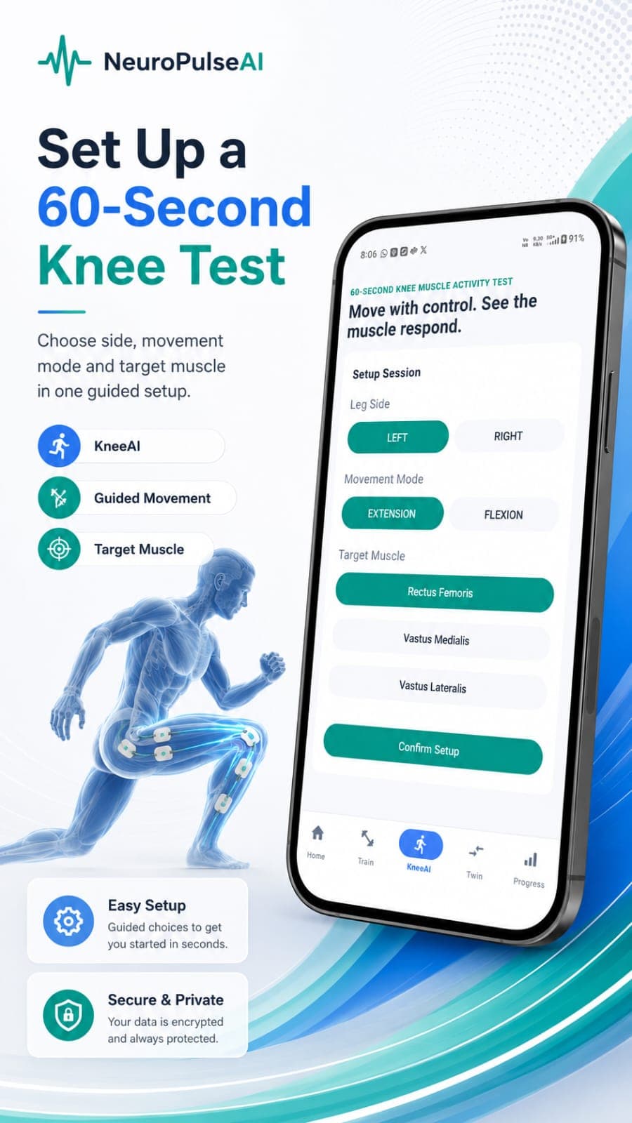 NeuroPulseAI 60-second knee test setup screen