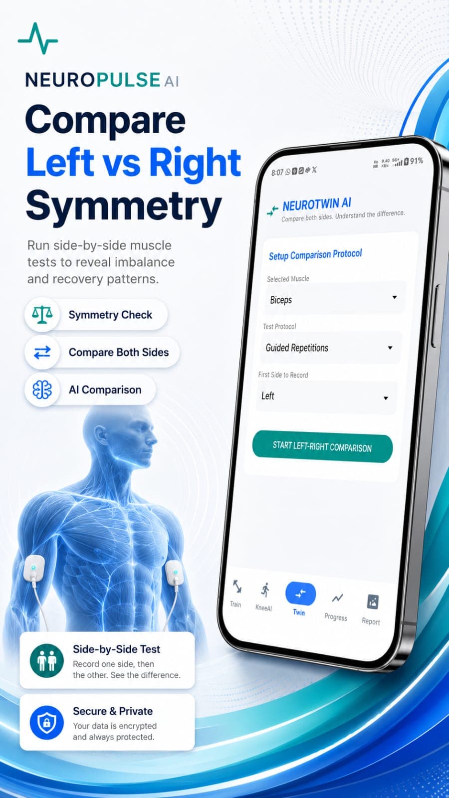 NeuroPulseAI left versus right symmetry comparison screen