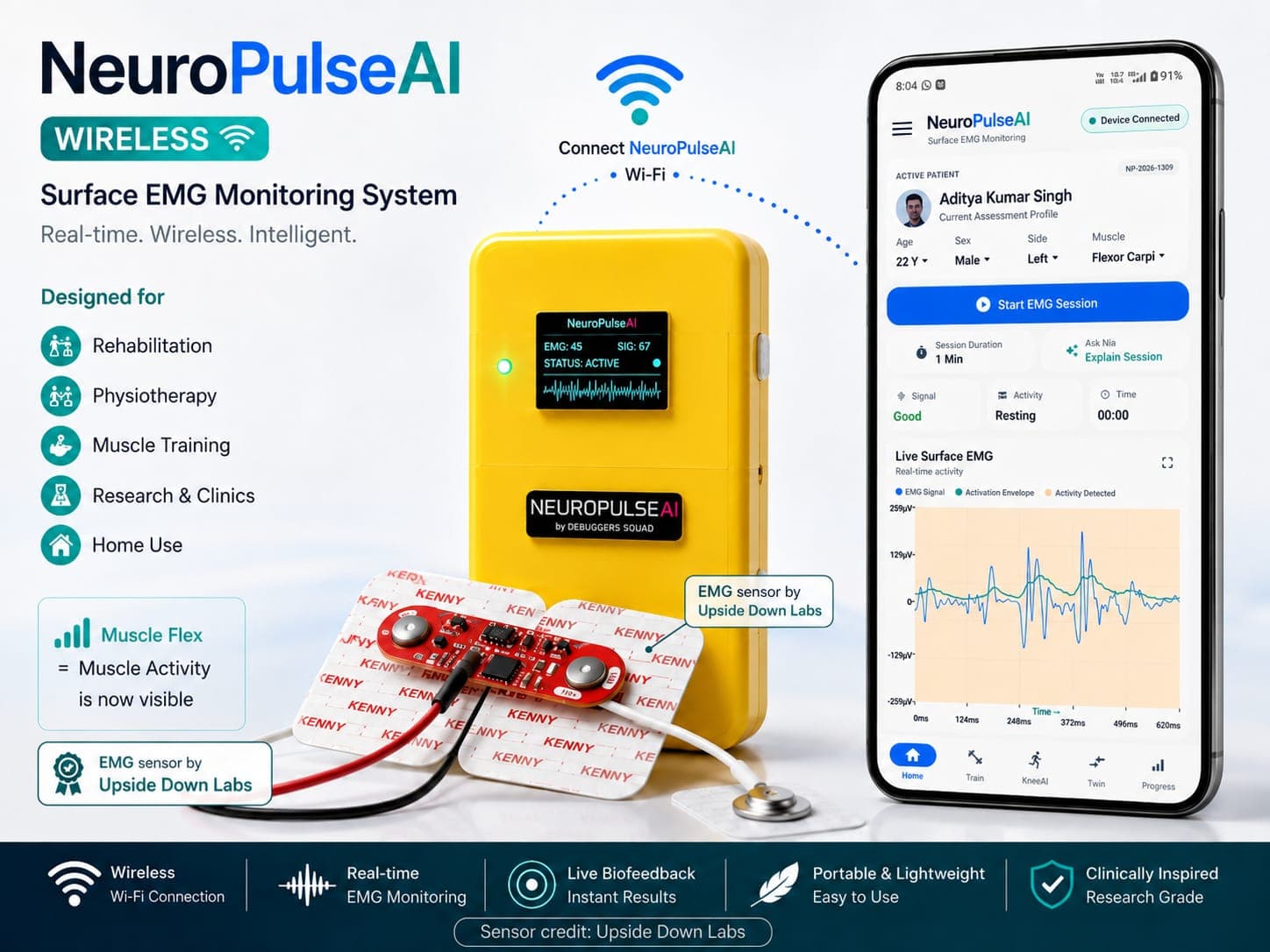 NeuroPulseAI wireless surface EMG monitoring system with phone app